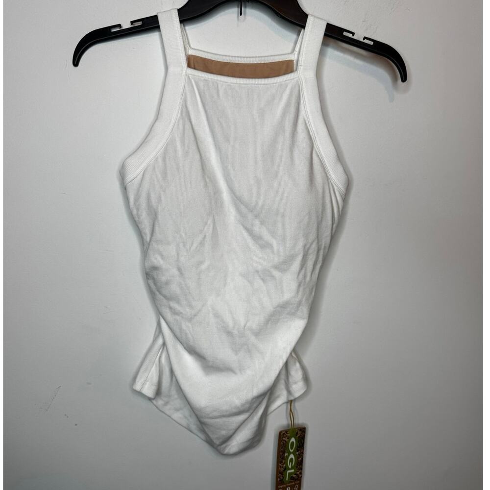 NWT OGL White Halter Neck Ribbed Built-In Bra Thong Bodysuit Women Size M